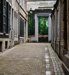 Obraz premium Gebäude in einer Straße mit Wald am Horizont