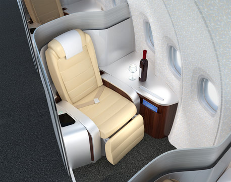 Close-up of luxurious business class seat with metallic silver partition. 3D rendering image in original design.