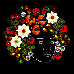 Flower. Woman's face. Vector in Ukrainian traditional painting - 99377753