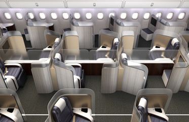 Luxurious business class cabin interior. Each seat divided by frosted acrylic partition. 3D rendering image in original design.
