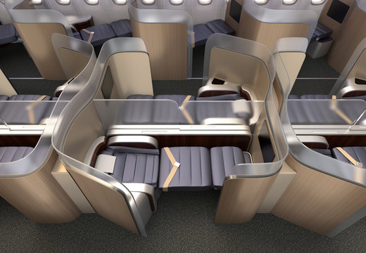 Luxurious business class cabin interior. Each seat divided by frosted acrylic partition. 3D rendering image in original design.