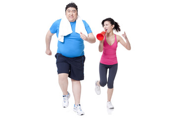 Overweight man running with young woman's support