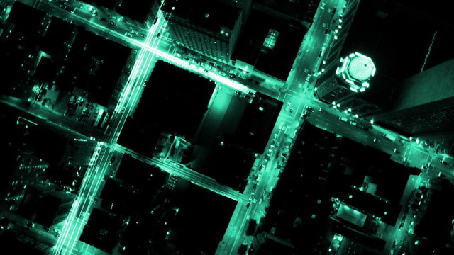 aerial building electricity light night motion graphics connectivity fiber optic