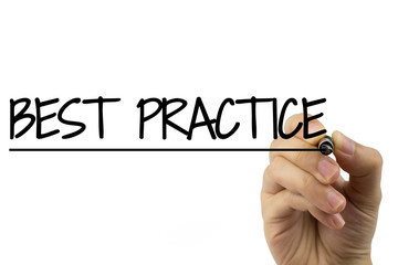 Best Practice - Female hand with pen writing text on white background
