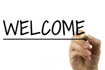 Welcome - Female hand with pen writing text on white background