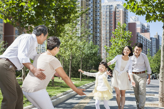 Happy multi-generation family gathering