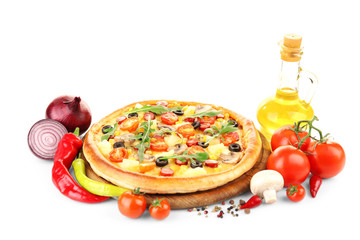 Delicious pizza with vegetables, isolated on white