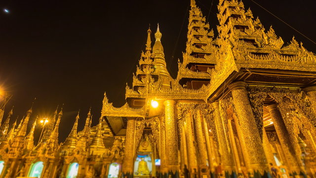 Hyper Time Lapse Night to Day Golden Shwedagon Pagoda Landmark Of Yangon, Myanmar