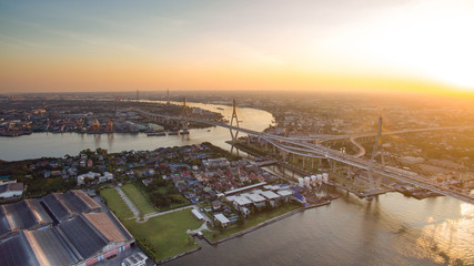 Fototapeta premium aerial view of bhumibol 1,2 bridge important landmark of bangkok
