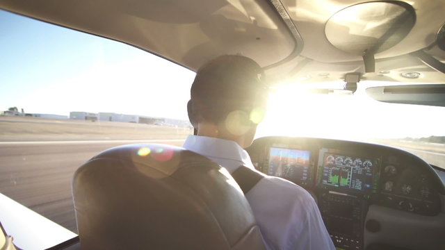 Airplane Pilot Taxi Takes Off. Inside The Cabin and Aerial Shot.