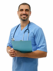 Portrait of a doctor with prescription board in hands isolated on white background