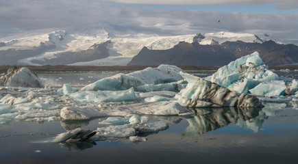 Ice cube and iceberg at Jokulsarlon glacial lagoon with snow mountain background