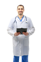 Portrait of a doctor with prescription board in hands isolated on white background