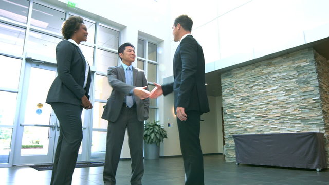 African American Asian Chinese Caucasian male female business team handshake