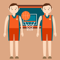 basketball player standing in front of basket ring with behind vector flat illustration