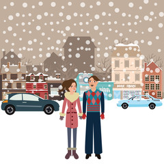 couple man woman male female standing in snow falling winter town wearing jacket car on street city