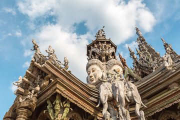 closeup of the wooden statues in sanctuary of truth