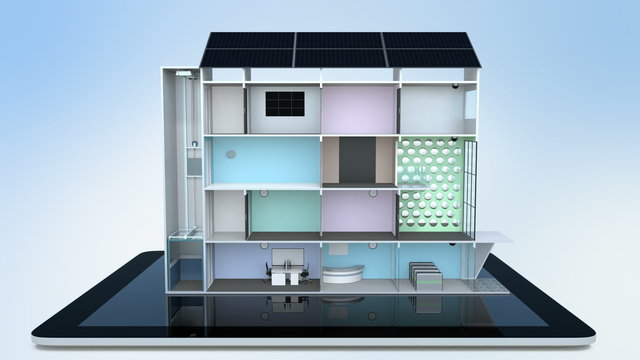 Smart office concept model on tablet computer. The office support by solar energy, energy efficient appliances.