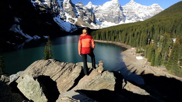 Unpolluted Scenic Landscape Female Hiker Lake Moraine British Columbia 