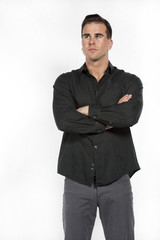 White Male in Black Shirt and Gray Pants