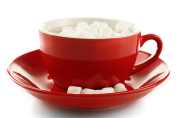 Mug of hot chocolate with marshmallows, isolated on white