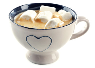 Mug of hot chocolate with marshmallows, isolated on white