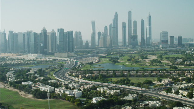 Aerial Dubai Skyline Skyscrapers Emirates Hills residential Golf UAE