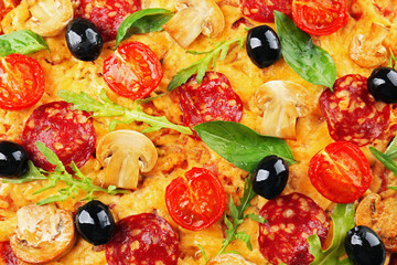 Delicious tasty pizza, closeup