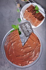 Chocolate pie with mint and shovel, closeup