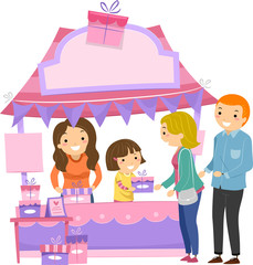 Stickman Kid Girl Give Mom Gift Booth