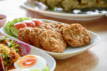 Thai food, spicy curry fried fish patty