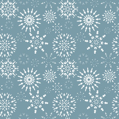 Seamless christmas pattern. Winter theme texture. White snowflake silhouettes on gray-blue background. Vector illustration.
