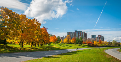Motorcycle moving along Ottawa parkway beside Ottawa River.  Apartments and condominium along the parkway - Urban, Mechanicsville, Ottawa parkway panoramic in clear sunshine. - 99386185