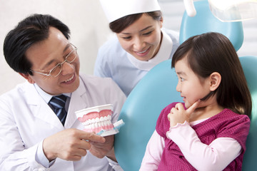Dentist teaching the right way of brushing teeth © Blue Jean Images