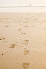 footprints on the beach at sunset time