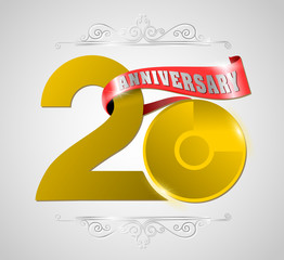 Golden and ribbon Template logo 20th anniversary, vector illustrator