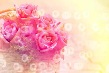  bouquet of pink rose in bamboo basket