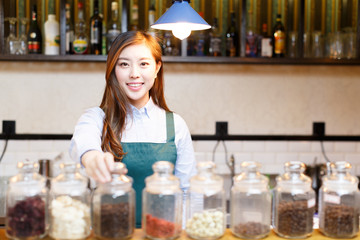 portrait waitress and waiter in cafe