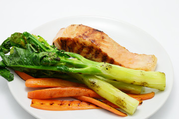 salmon steak and grilled vegetable