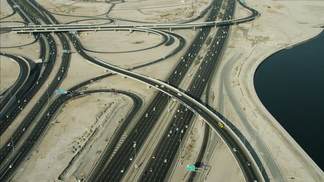 Aerial Dubai Intersection Dubai Creek desert Al Khail Road UAE