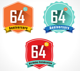 64 year birthday celebration flat color vintage label badge, 64th anniversary decorative emblem - vector illustration eps10