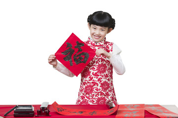 Happy girl celebrating Chinese new year with Fu