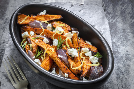 Sweet Potato Fries with Red Onion Feta Cheese and Lemon