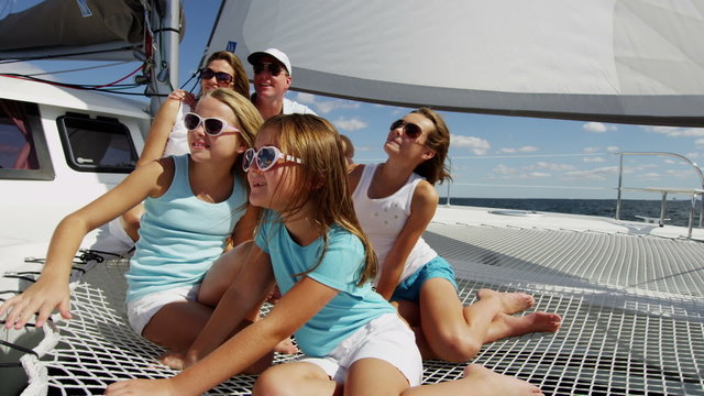 Happy Young Loving Caucasian Family Female Children Luxury Yacht Travel Leisure