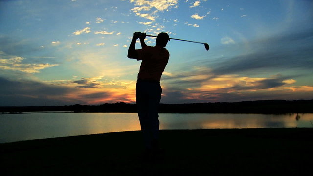 Professional Male Caucasian Playing Golf Commercial Sponsorship Swing Sunset