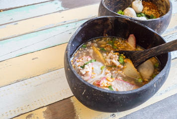 spicy noodles in  traditional coconut shell, Thai Food