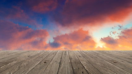 Perspective wood and sunset background