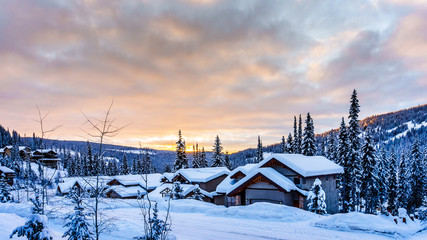 Sunrise over the Ski Resort village of Sun Peaks in the Shuswap Highlands in central British Columbia, Canada