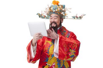 Chinese God of Wealth with digital tablet