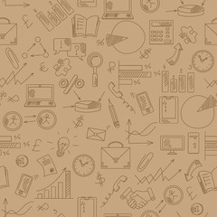 Seamless background with simple hand-drawn icons on a theme business, Sepia